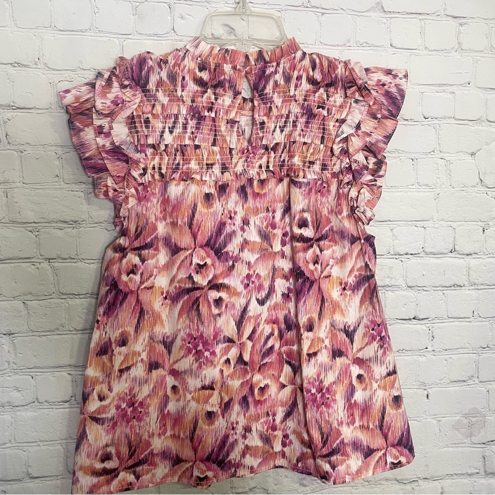CeCe Floral Ruffle Sleeve Peplum Top Orange Pink Smocked Blouse Medium - Picture 7 of 7